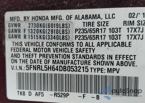 2013 Honda Odyssey Ex-L из США, поврежденный, VIN 5FNRL5H64DB053215